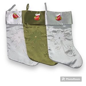 Christmas Stockings 3 PCS Hanging Decor Green Silver Satin Poinsettia Embroidery